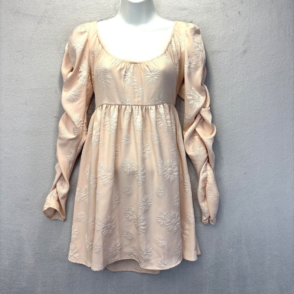 Jacquard Babydoll Dress Womens Small Pink Floral Balloon Twee Milkmaid Coquette